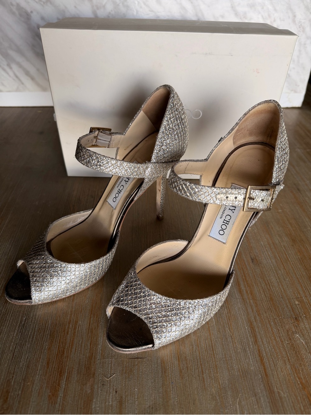 Jimmy Choo Gold Glitter Peep-Toe Ankle Strap Heels